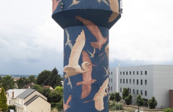 Un turn de apă decorat cu imagini ale păsărilor locale